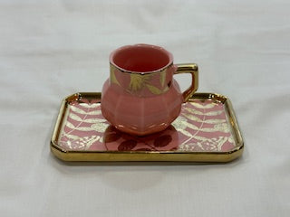 Pink and Gold Coffee Cups Rectangle Plate Flower Design
