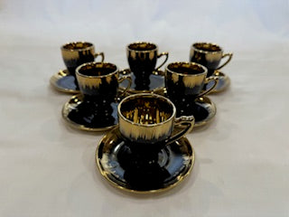 Black and Gold Coffee Cups Circle Plate Drip Design