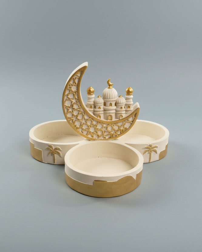 Beige 3 Bowl Serving Plate With Moon Design