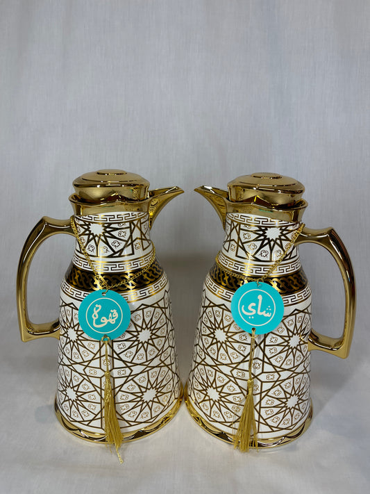 White and Gold Thermos with Coffee and Tea Pendant Set